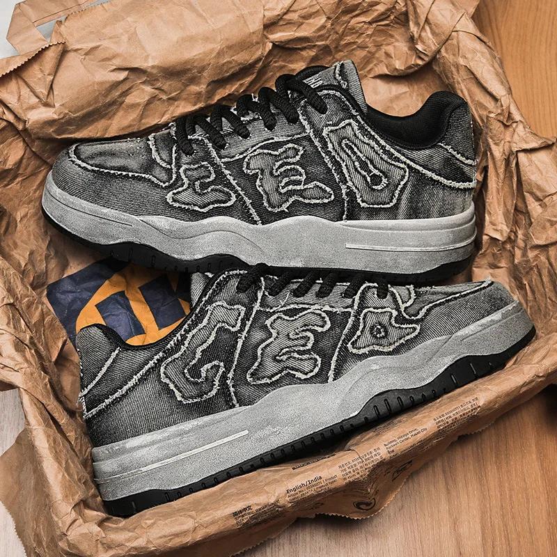 

Мода 2024 года, лето, новые стираные джинсовые туфли для пар с мягкой подошвой, повседневные туфли для грязной доски, нескользящие износостойкие спортивные туфли для мужчин 44 чёрный
