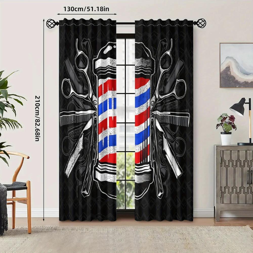 Barbers-style Scissors Combs with Striped Rods and American Flag Pattern Printed Curtains, Home Decorations, Room Decorations