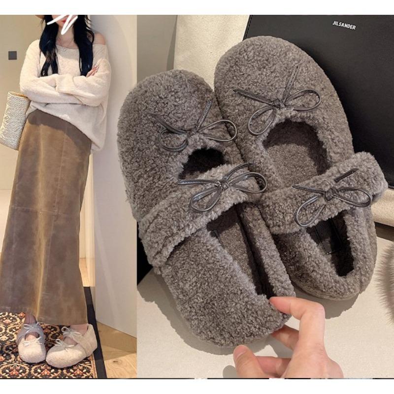 Fashion Women Fur Internal Increase 5CM Flat Shoes Winter Warm Plush Mary Jane Shoes Elegant Woman Soft Soled Bowknot Shoes