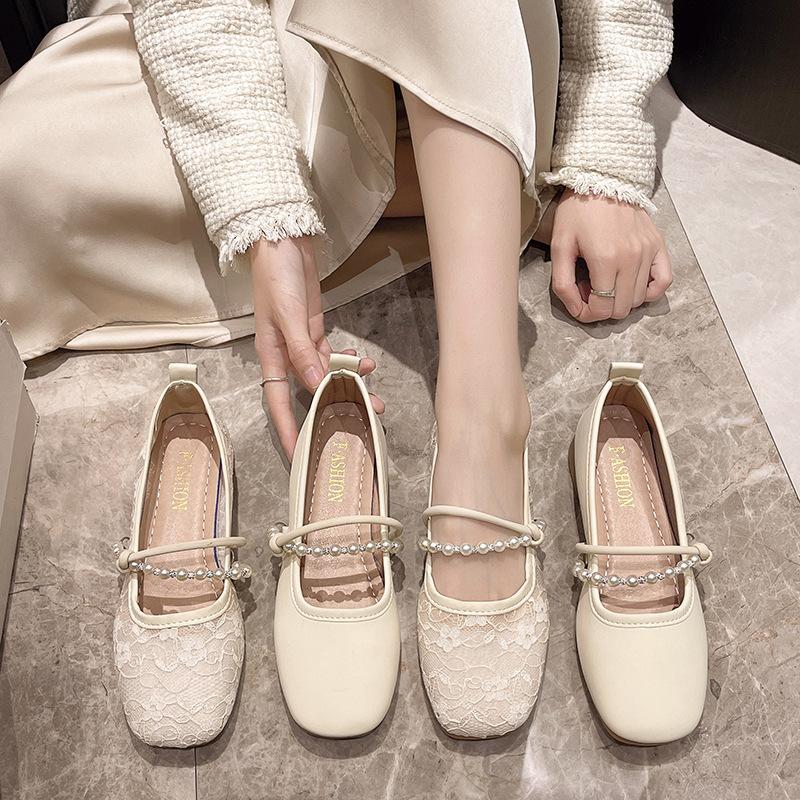 French flat-soled single shoes women's 2025 spring shallow mouth pearl one-word buckle belt fashionable outer wear fairy style soft-soled beanie shoes