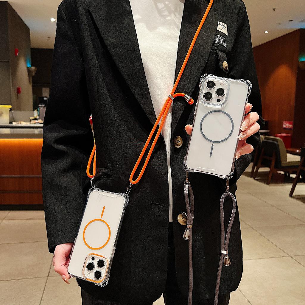 For iPhone 16 Pro Max Magnetic Case with Lanyard Drop-Proof TPU+PC Phone Back Cover