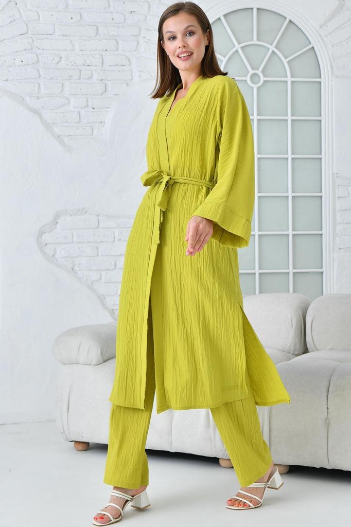 Women's Fashion Big Size Green Slit Woven Trousers and Jacket Double Set