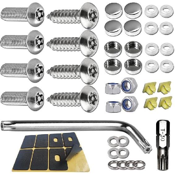 BGGTMO Black License Plate Screws- Stainless Steel Plate Mounting Hardware For Car Tag Frame, Anti-Theft Security Self-Tapping Screws Fit Front