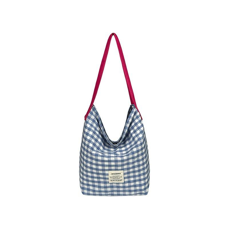 Korean niche canvas bucket bag 2025 new trendy bag contrasting color plaid shoulder bag literary commuter tote bag