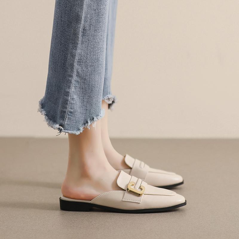 Spring New Women 'S Mules Outerwear Slippers Fashion Mules Metal Design British Style Flat Casual Shoes Banquet And Office
