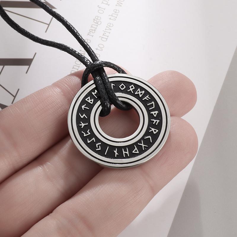 Vintage Rune Stainless Steel Pendant Adjustable Braided Leather Cord Necklace for Men Women Charm Amulet Jewelry Gift