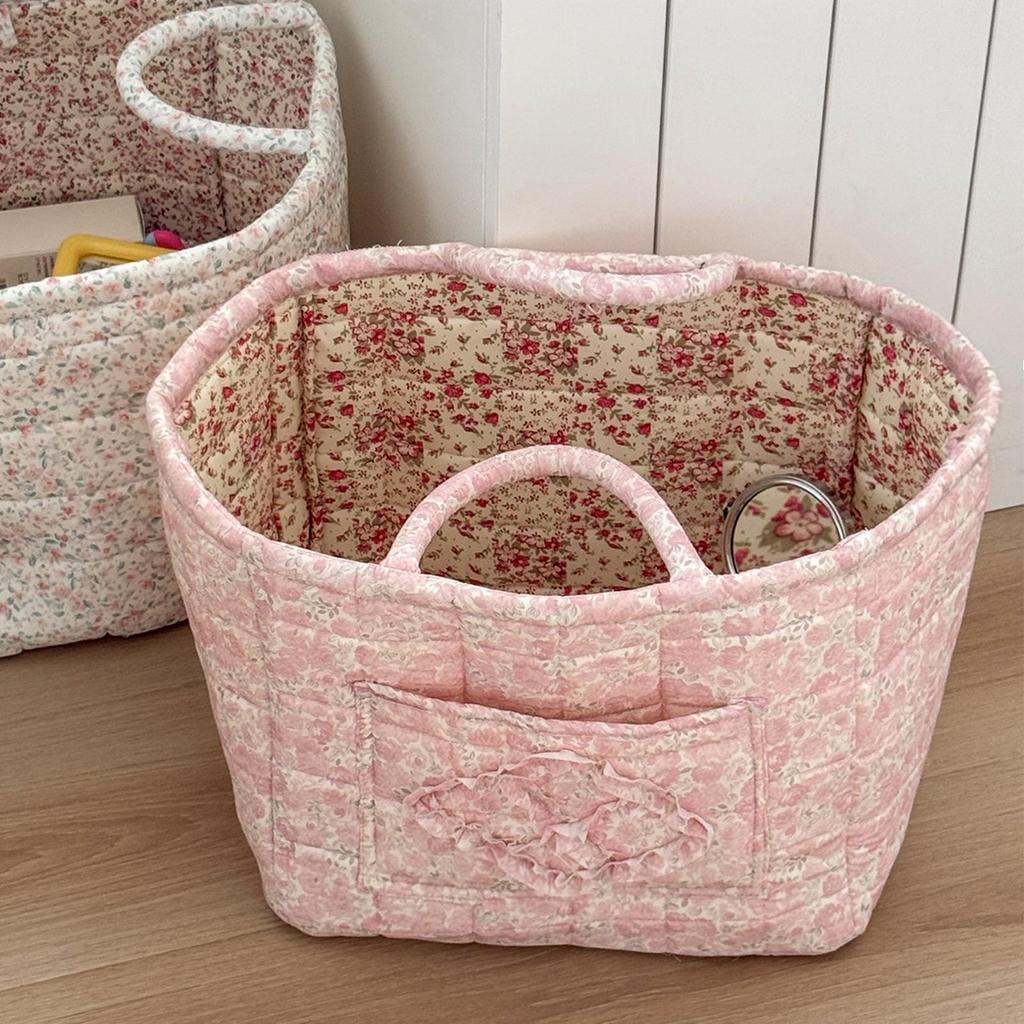 Floral Fabric Baskets for Storage Boho Quilted Tote Storage Organizer Basket with Handles Foldable Storage Basket Organizer