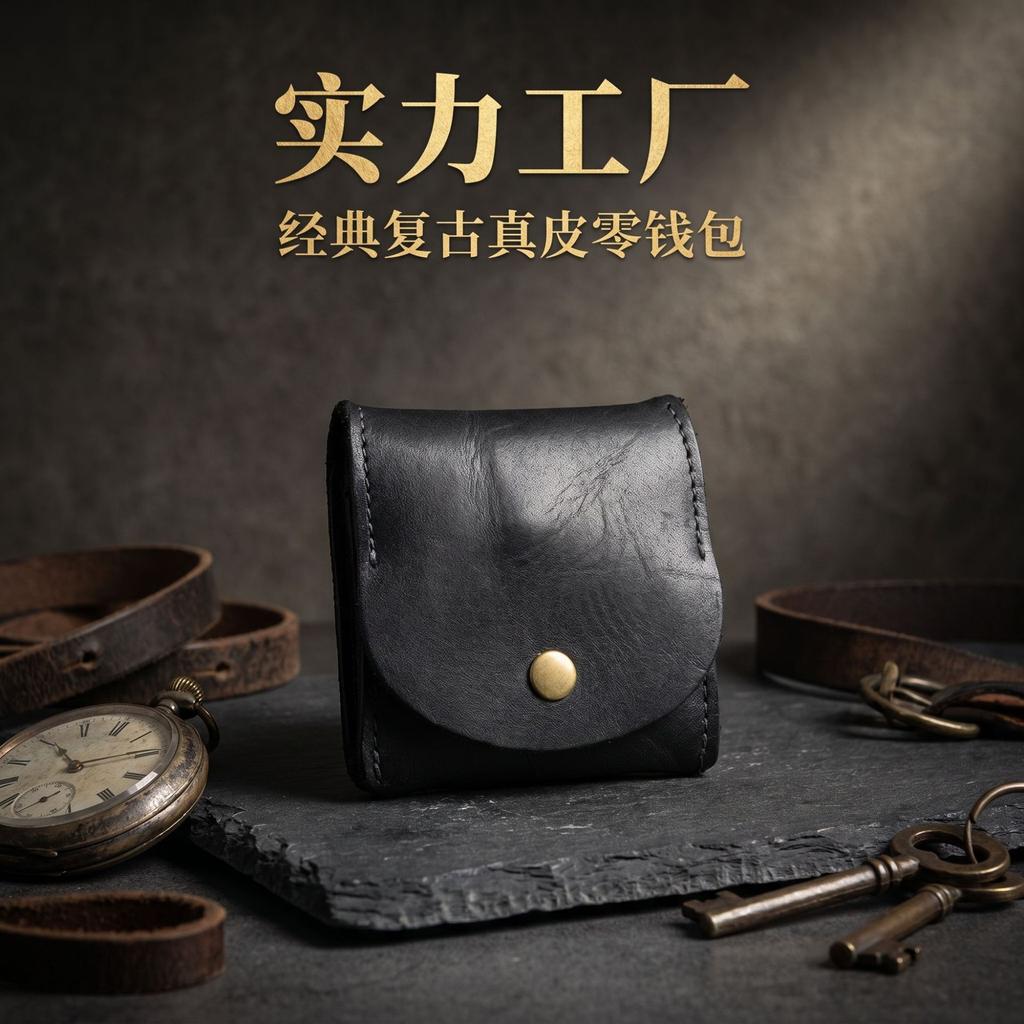 Ruched Vintage Leather Snap Coin Purse, Wrinkled Distressed Leather Change Pouch, Unique Textured Mini Wallet for Men & Women
