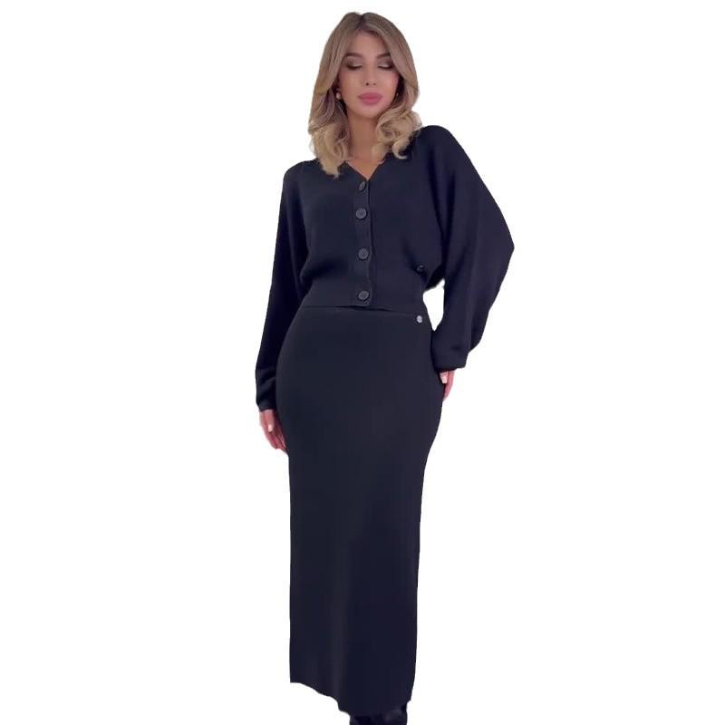 2024 Autumn Women's Slim Knit Top & Hip-Wrapping Long Skirt Two-Piece Set