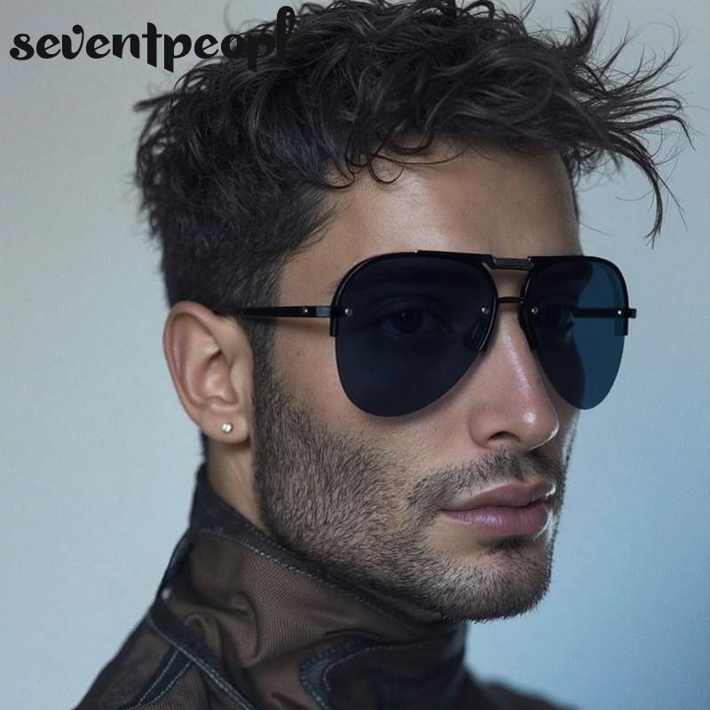 Steampunk Semi-Randloze Piloot Zonnebril Heren Luxe Merk Vintage Oversized Ovalen Zonnebril Voor Mannen Klassiek Metaaltinten