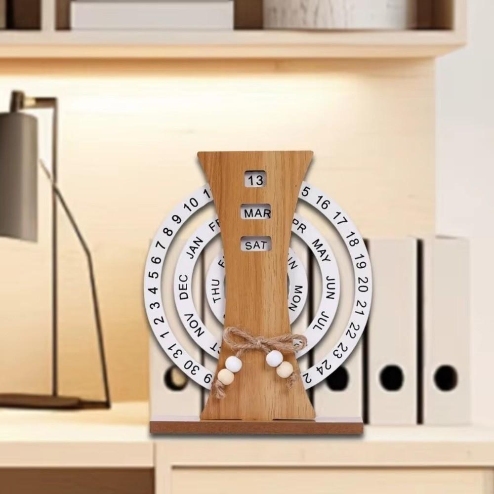 Reusable Manual Rotating Desk Calendar Moon Rotatable Desk Ornament Wooden Perpetual Calendar  Room