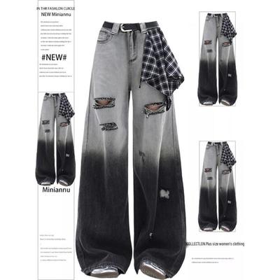 Plus Size Gradient Black Ripped Wide-Leg Denim Jeans for Women - New Spring Casual Versatile Pants