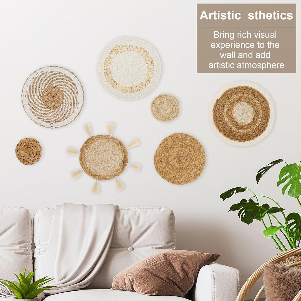 7pcs Woven Wall Basket Decor Bohemian Rattan Wicker Wall Decorative Woven Rattan Wall Basket Hanging Handmade Farmhouse Wall Han