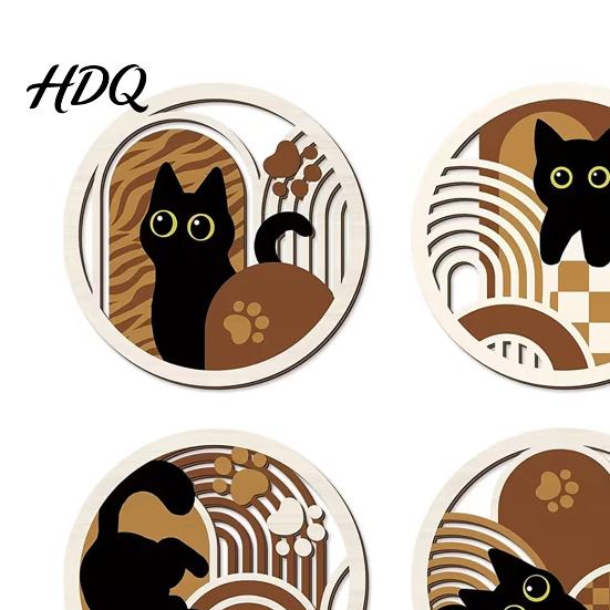 Retro Geometric Wall Signs 4Pcs Wooden Cat Decor 2D Flat Hollow Art Prints Modern Bedroom Accents Art Minimalist Hanging for Living Room Home