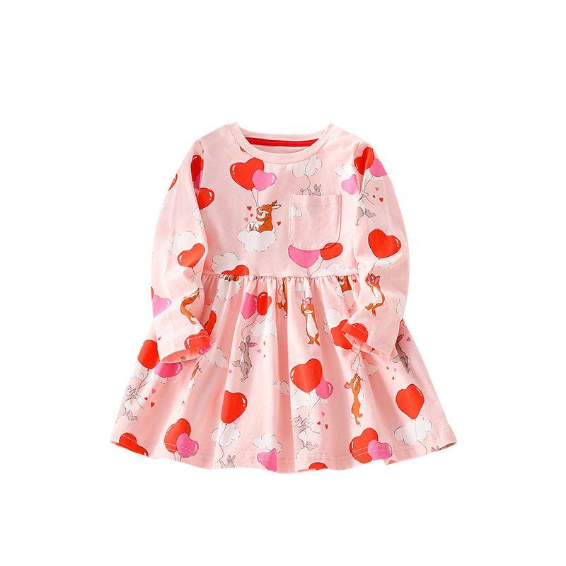 Girl Heart Balloon Dress Spring and Autumn Children's Clothing Fashion Baby Girl Sweet round Neck Print Long Sleeves Princess Skirt