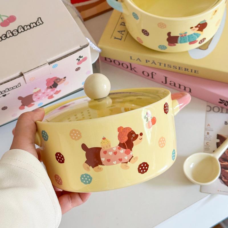 Dachshund Puppy Binaural Instant Noodle Bowl Cartoon Ceramic Soup Bowl with Lid Student Dormitory Large Capacity Snail Powder Bowl