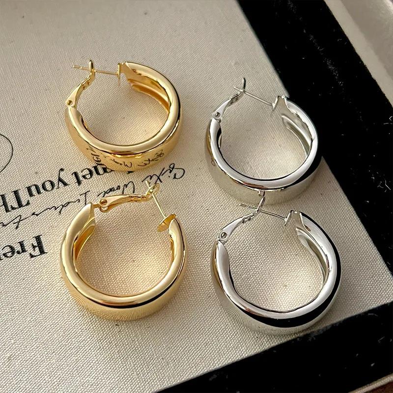 Smooth Round Chunky Hoop Earrings for Women Girls Gold Color Wide Thick Geometric Metal Statement Earrings Vintage Jewelry Gift