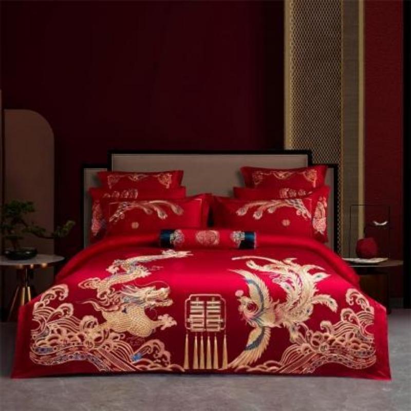New Chinese style big red embroidery wedding quilt cover polished wedding room bedding wedding four-piece multi-piece set
