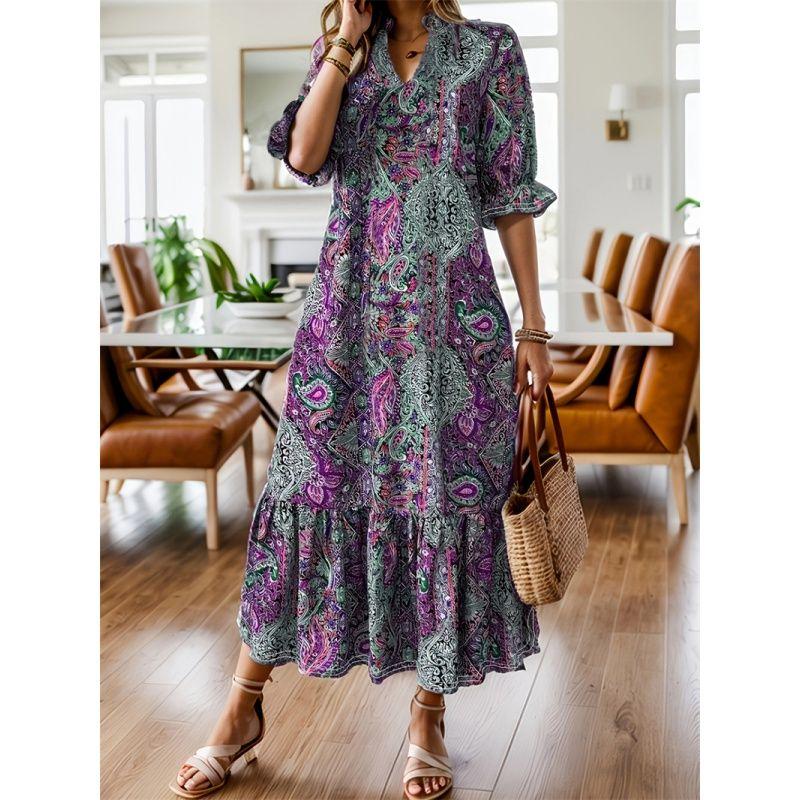 XL-5XL Women Dress Plus Ladies Skirt Spring/Summer Print V-neck Plus Size Dresses Women