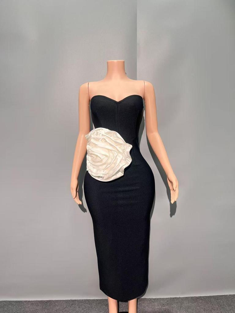 Elegante Abito Bandage con Spalline Sottili e Design Floreale 3D – Abito da Sera Slim Fit