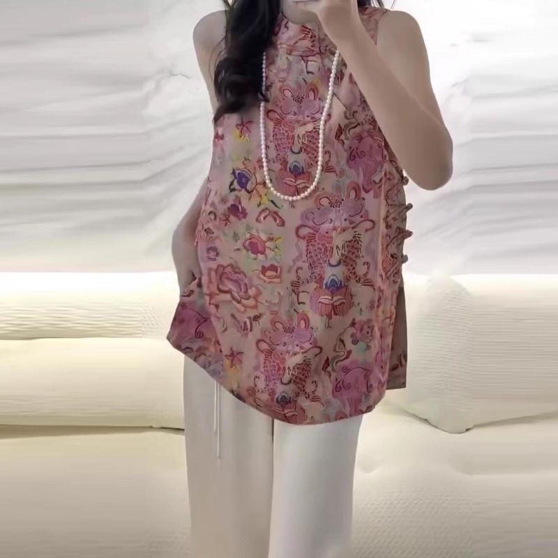 

New Chinese Style National Style Vest Jumper Skirt Female European Goods 2025 Summer New Arrival Chinese Knot Button Shirt Tops Cheongsam Short Dress Pink XL