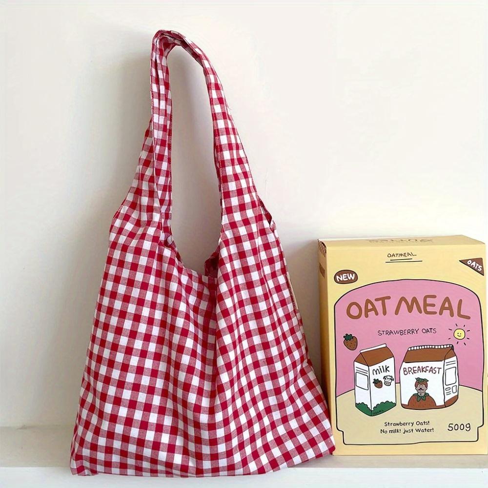 Women's Large Capacity Lightweight Foldable Tote Bag with Plaid Pattern -Suitable for Commuting, Travel, Camping Handbag