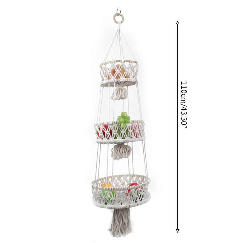 Hanging Fruit Basket 3 Tier Woven Cotton Rope Wall Baskets Kitchen Produce Storage Plant Holder Macrame Boho Home X3UC