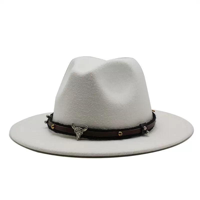Zylinderhut Frühling und Herbst Jazzhut Hut mit großer Krempe Stierkopf Gürtel Accessoires Filzhut Tide
