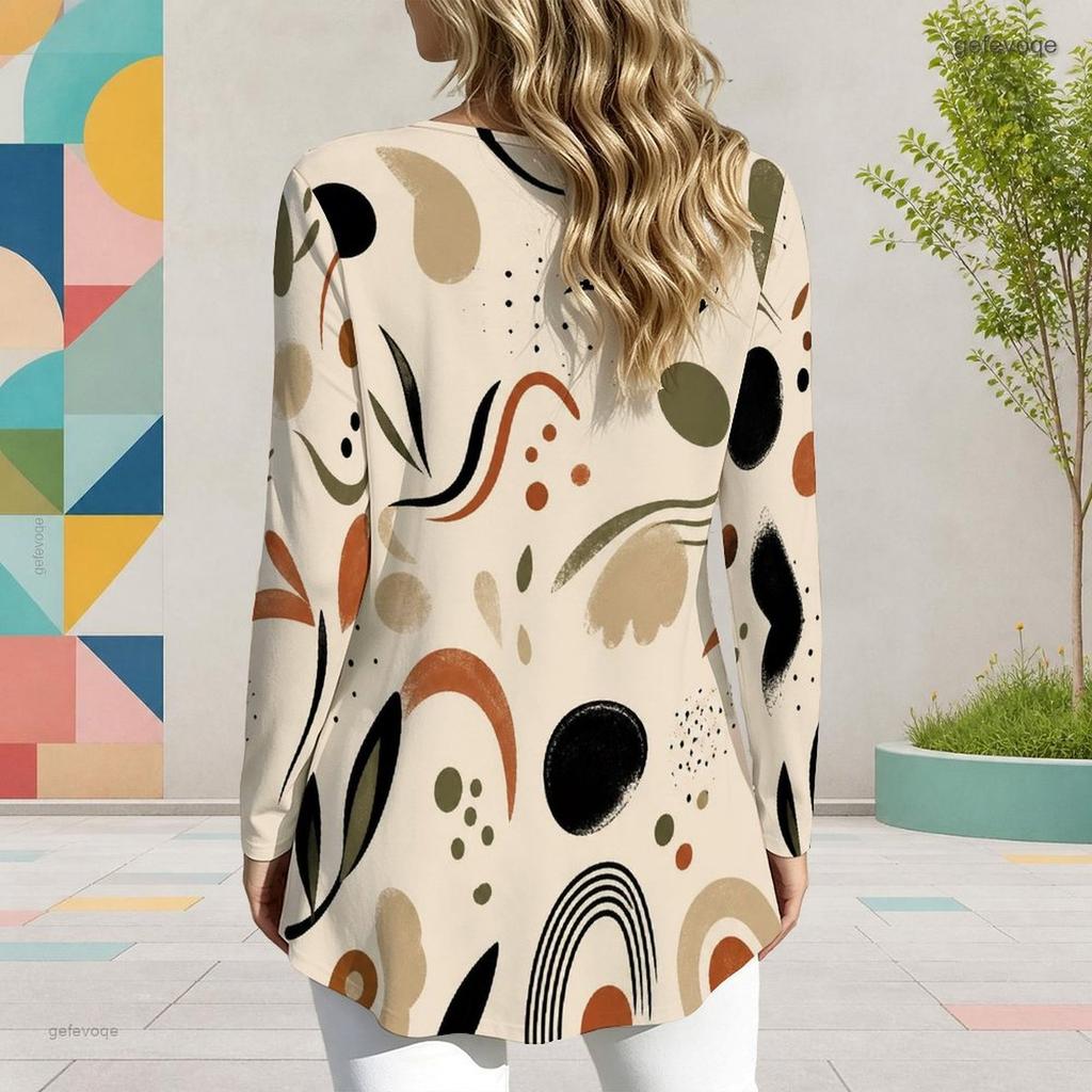 Women Plus Size Keyhole Ring Neck Long Sleeve Geometric Printed Flared Hem T Shirt