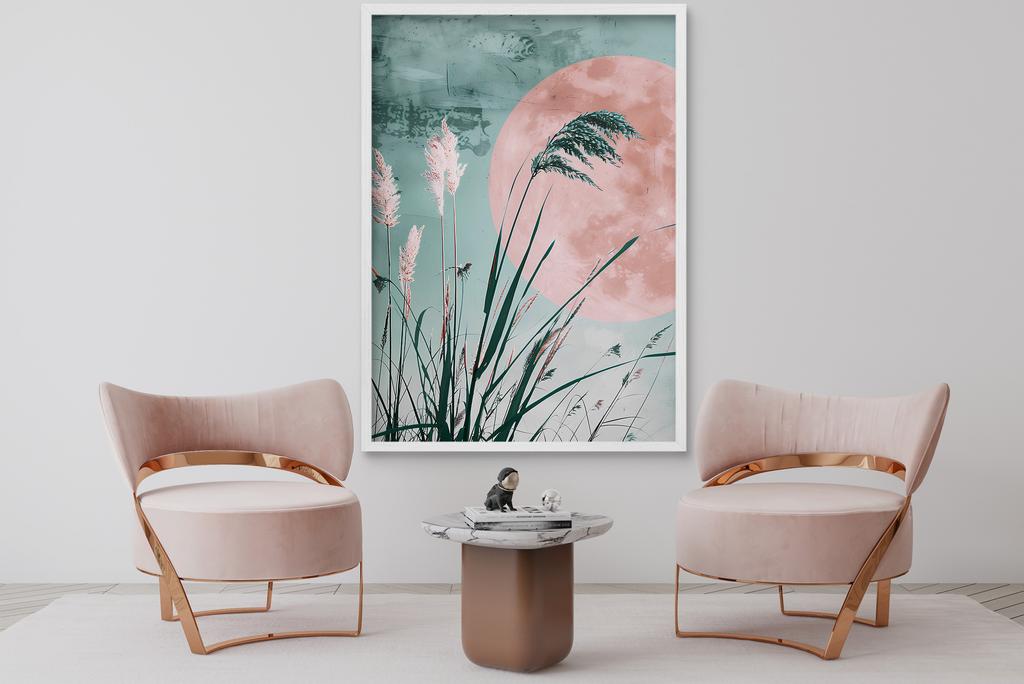 Obraz Plakat Pastelowa Dekoracja w Białej ramie Trawy do sypialni 50x70