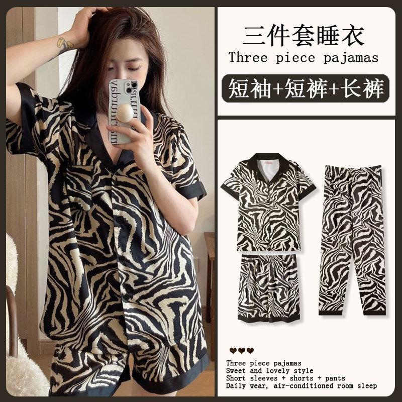 GMXIA Sommermode Pyjama Damen Kurzarm Dreiteiliges Set, Baumwollähnlich Cartoon Student Hauskleidung, Kann Draußen Getragen Werden