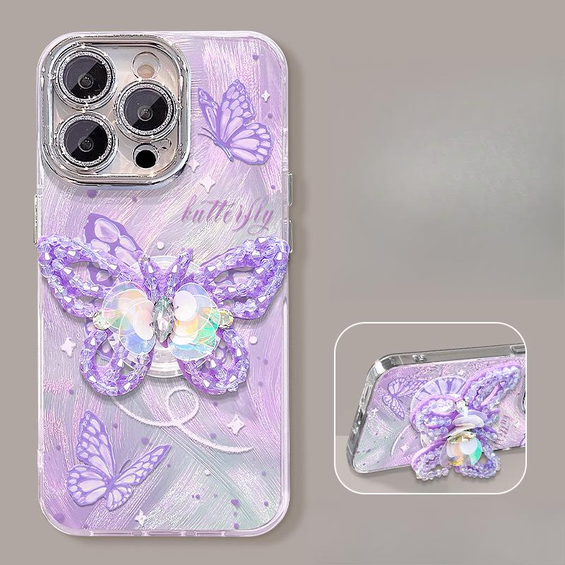 Bead Butterfly Stand Suitable for Apple 16 Mobile Phone Case Huawei Mate60pro Feather Yarn 15 High-end Sense 14/13 Women