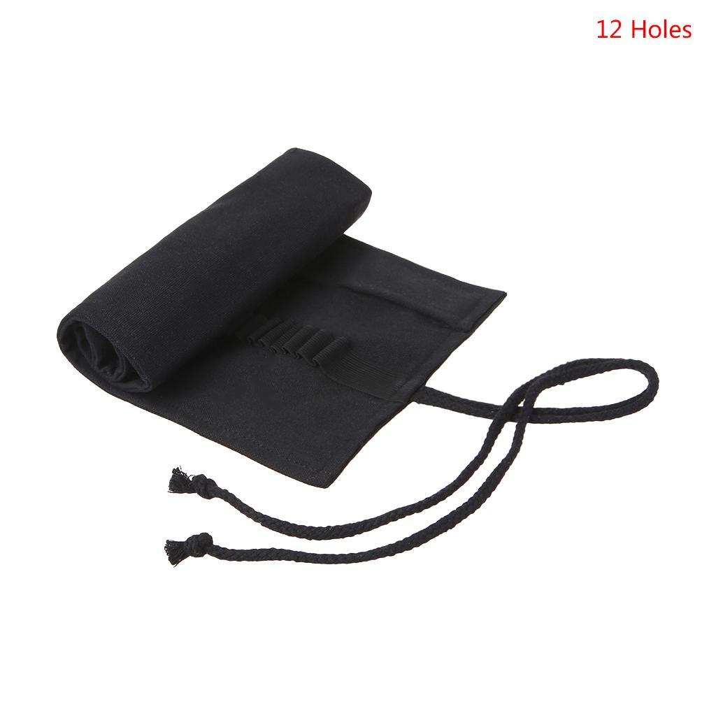Black Color School Pencil Case Roller 12/24/36/48/72 Holes Canvas Roll Up Makeup