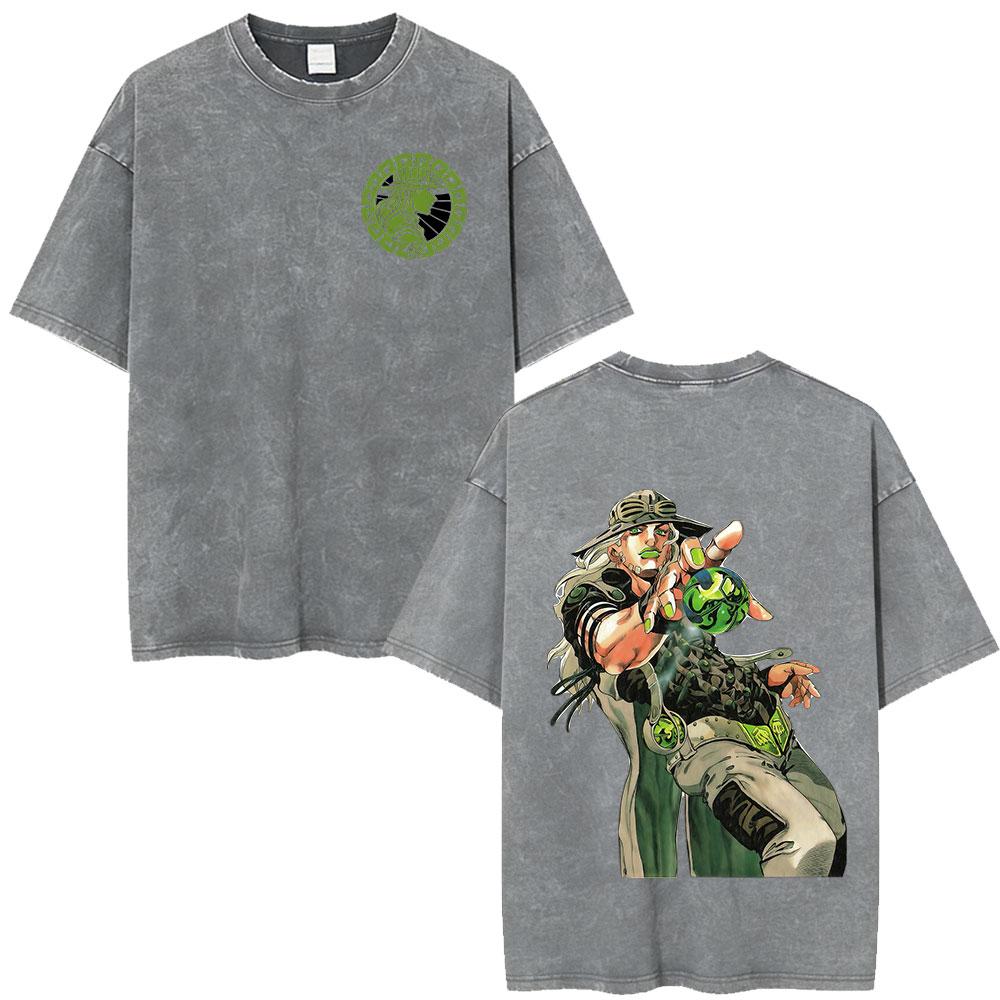 Anime JoJo Bizarre Adventure STEEL BALL RUN Gyro Zeppeli Vintage Lavaggio Acido Maglietta Uomo Cotone Casual Maniche Corte Maglietta