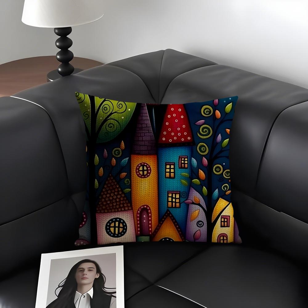 Bemaltes Waldhaus Kissenbezug Natürlicher Leinen Bio-Stoff Doppelseitiger Druck Sofa Heimdeko Geschenk Kissenhülle
