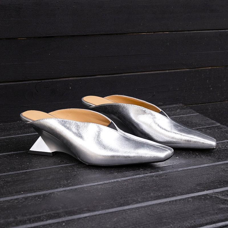 Fashion Baotou Slippers Women's New Spring Square Toe Shallow Mouth No Heel Half Drag Outward Wear Special-shaped Heel High Heels