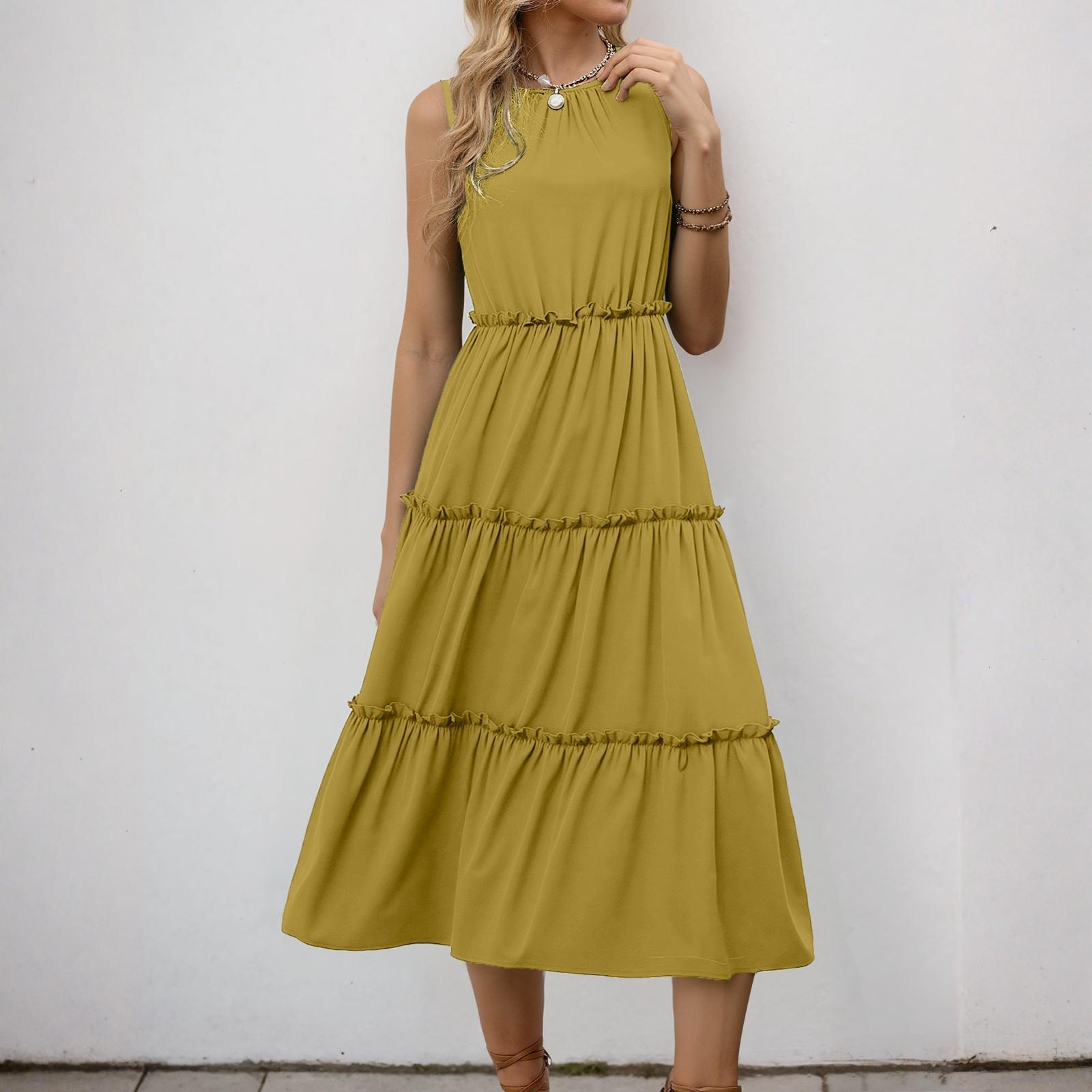 

Sleeveless Women s Dress Casual Flowy A-Line Midi Tshirt Dresses With Pockets Crewneck Vocation Boho Beach Sundress M жовтий