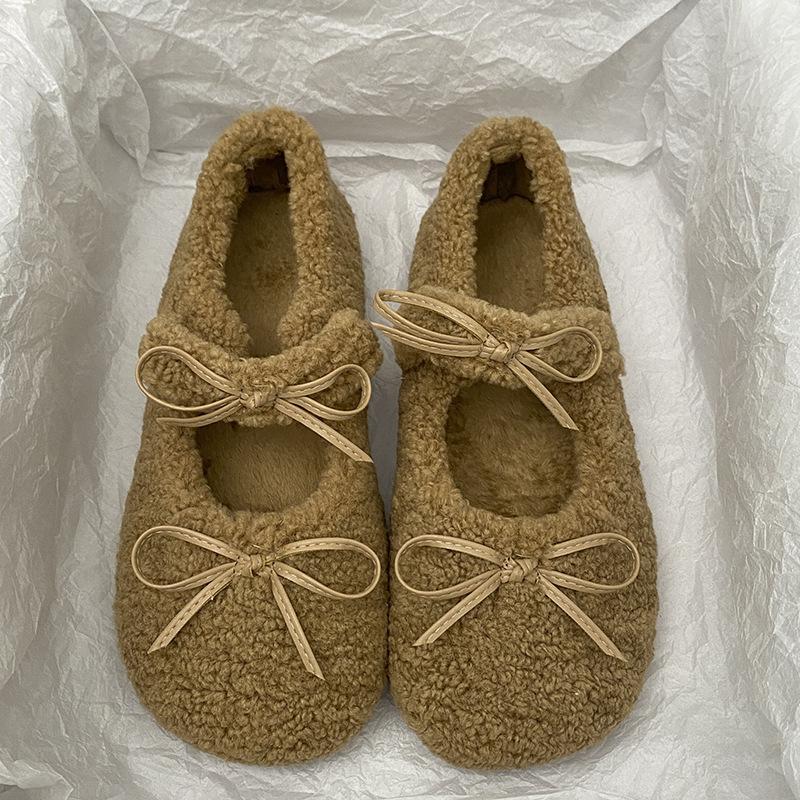 

Сладкие пушистые туфли для женщин для ношения на улице осенью и зимой, новые бархатные туфли Doudou, с мелким вырезом, универсальные, на плоской подошве, на низком каблуке, одинарные туфли 40 абрикосовый