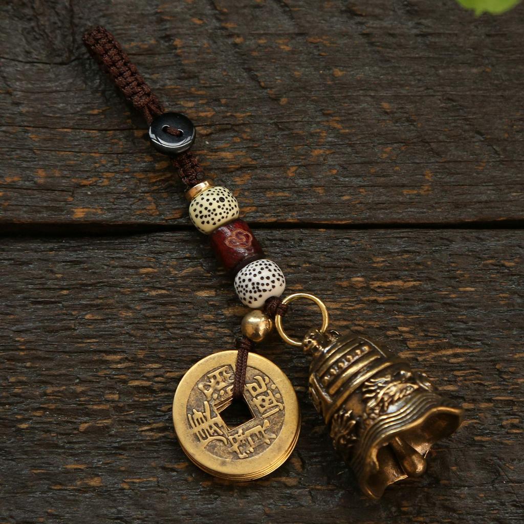 Brass Double Dragon Bell, Retro, Vintage, Car Key Bag Pendant, Handmade Rope, Craftsmanship, Five Emperor Money Accessory