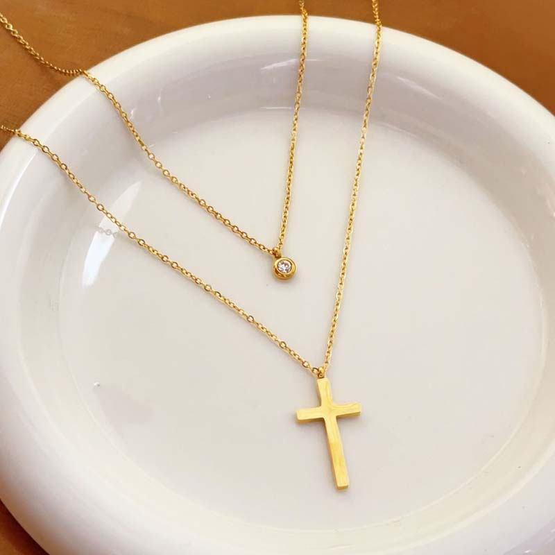 Stainless Steel Gold Color Cross Pendant Necklaces For Women Fashion Metal Double-layer Chain Necklace Jewelry Gift