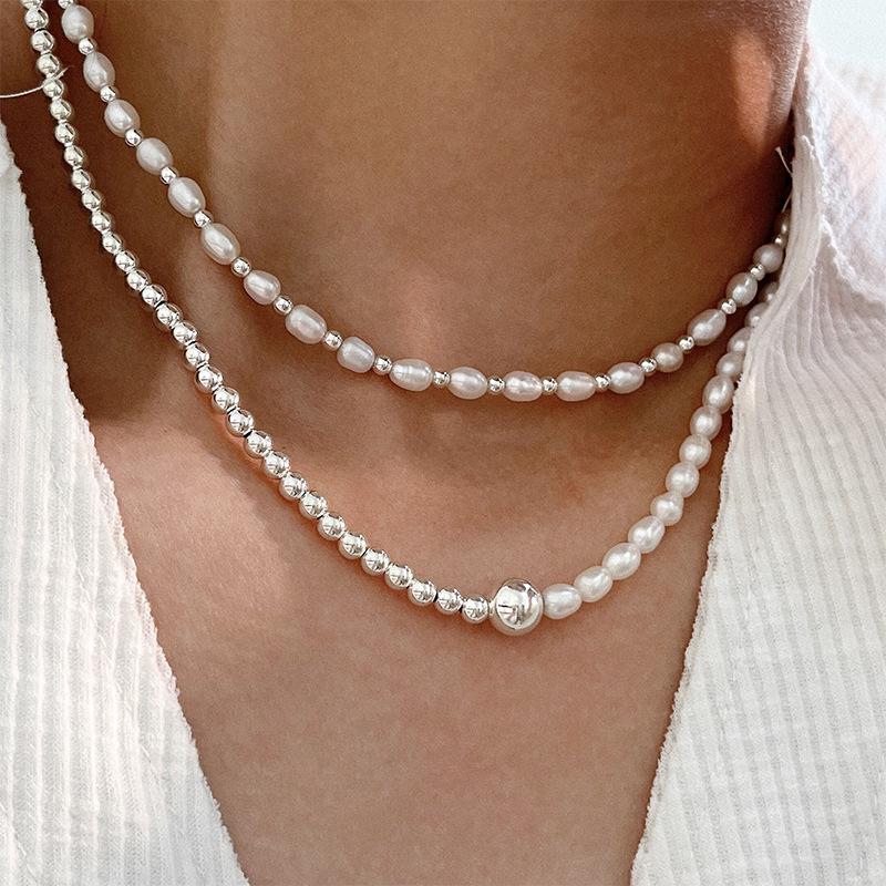 Yinruitai S925 Sterling Silver Freshwater Pearl Necklace & AB Chain Bracelet for Women