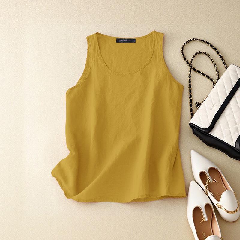 ZANZEA Women Casual Round Neck Solid Color Sleeveless Cotton Vest Tank Tops