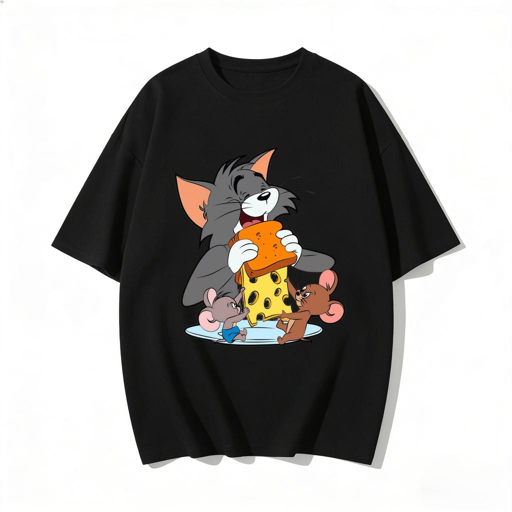 2026 New Tom Jerry Print Tshirt Casual Loose Couple Family Matching Outfits Short Sleeve Cotton Tee Summer Streetwear Tops Y2k
