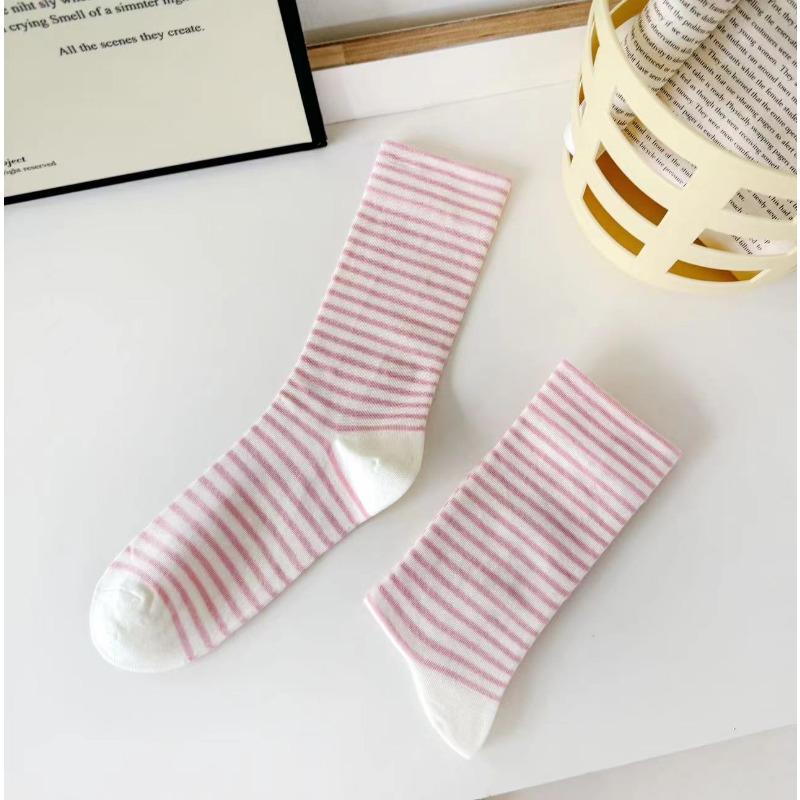 Striped Solid-color Postpartum Socks, Women's Mid-calf Socks, Spring and Autumn Trendy Versatile Cotton Socks, Loose-fitting Long Socks