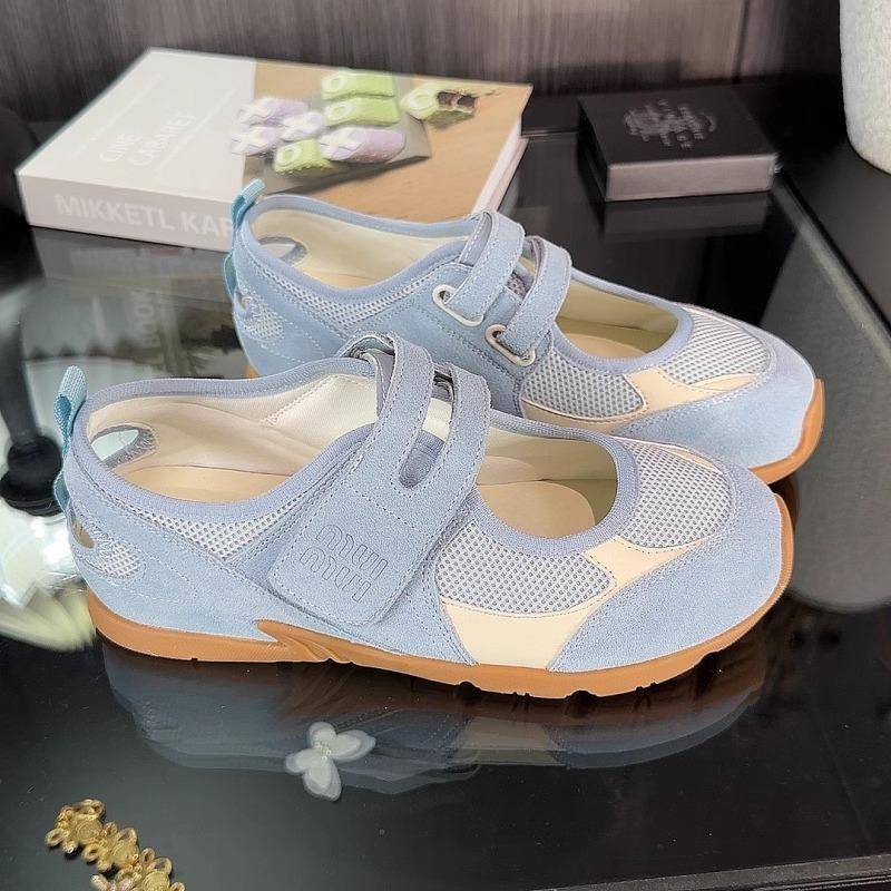 French yellow shoes mesh Mary Jane shoes 2025 summer new Velcro shallow mouth round head canvas shoes single shoes