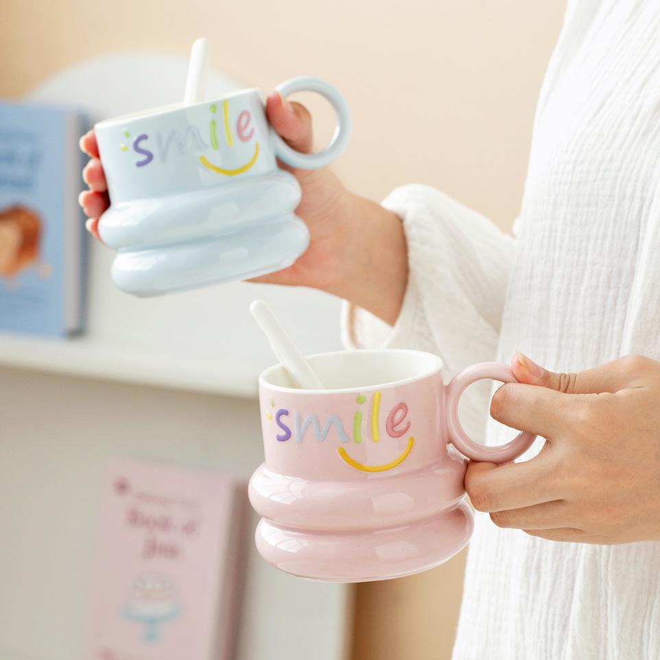 Smiling Mug with Smiling Face Spoon High looking Girl Water Cup Ceramic Milk Cup Student Breakfast Cup Coffee Cup
