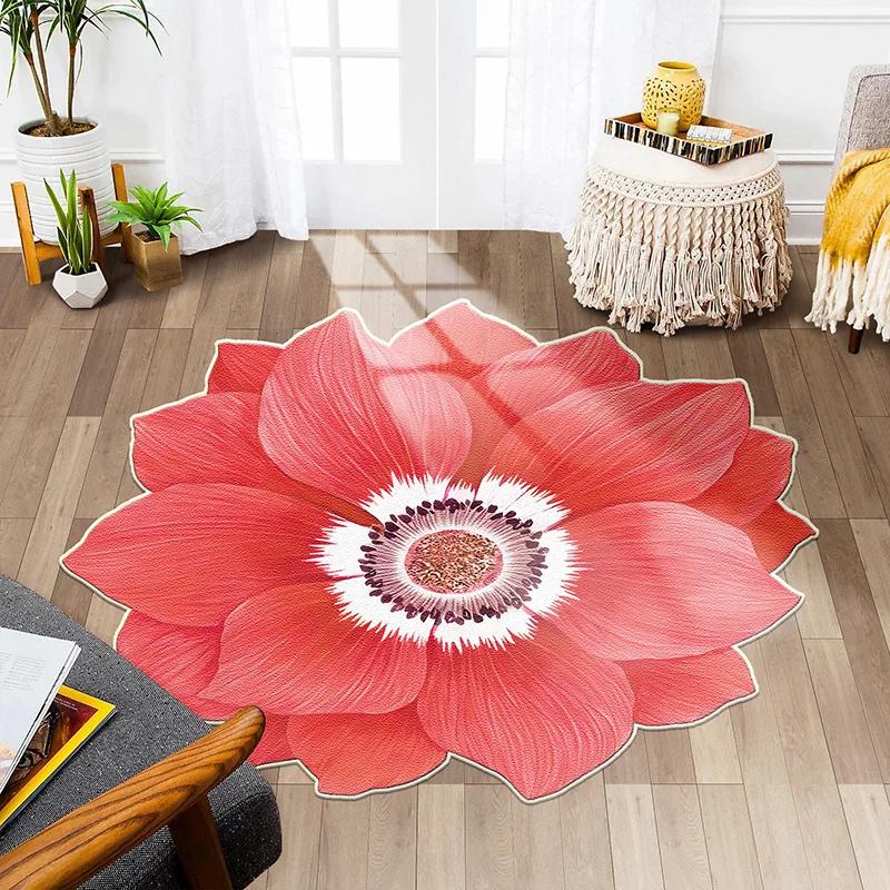 Flower Shape Carpet Soft Round Kitchen Floor Mat Peony Art Rug Living Room Bedroom Bedside Carpet Anti-slip Hallway Door Mat
