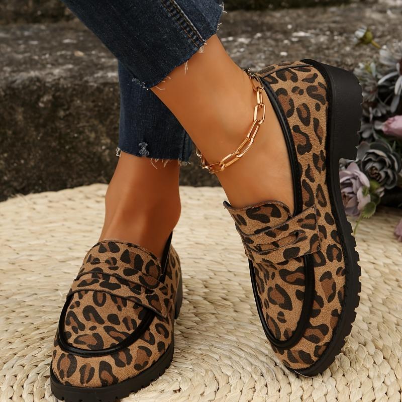Women's Leopard Print Loafers - Slip-On Casual Shoes, Round Toe, Flat Sole, British Style, All-Season Comfort, Black & Brown Animal Print Design