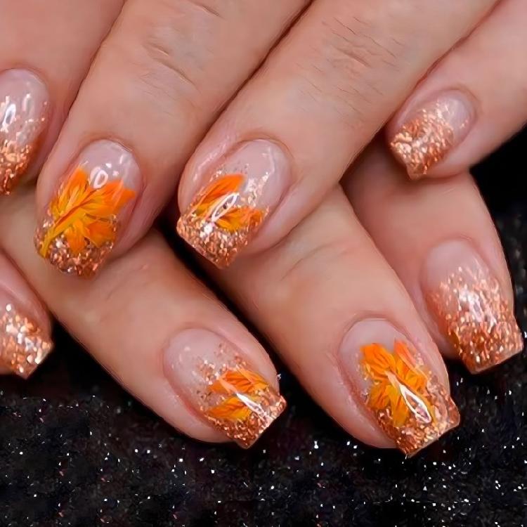 

24 Pcs Orange Glittering Artificial Nail Fall Press On Nail Short False Nail Maple Leaf Full Cover Stick on Nail 1