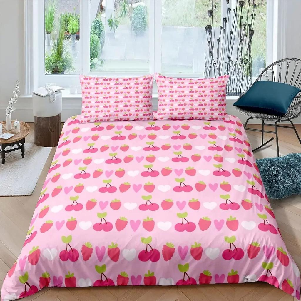 Strawberry Duvet Cover Set Girl King Size Comforter Cover Set Red Strawberry Bedding Set Food Fruit Quilt Cover for Kids Gift